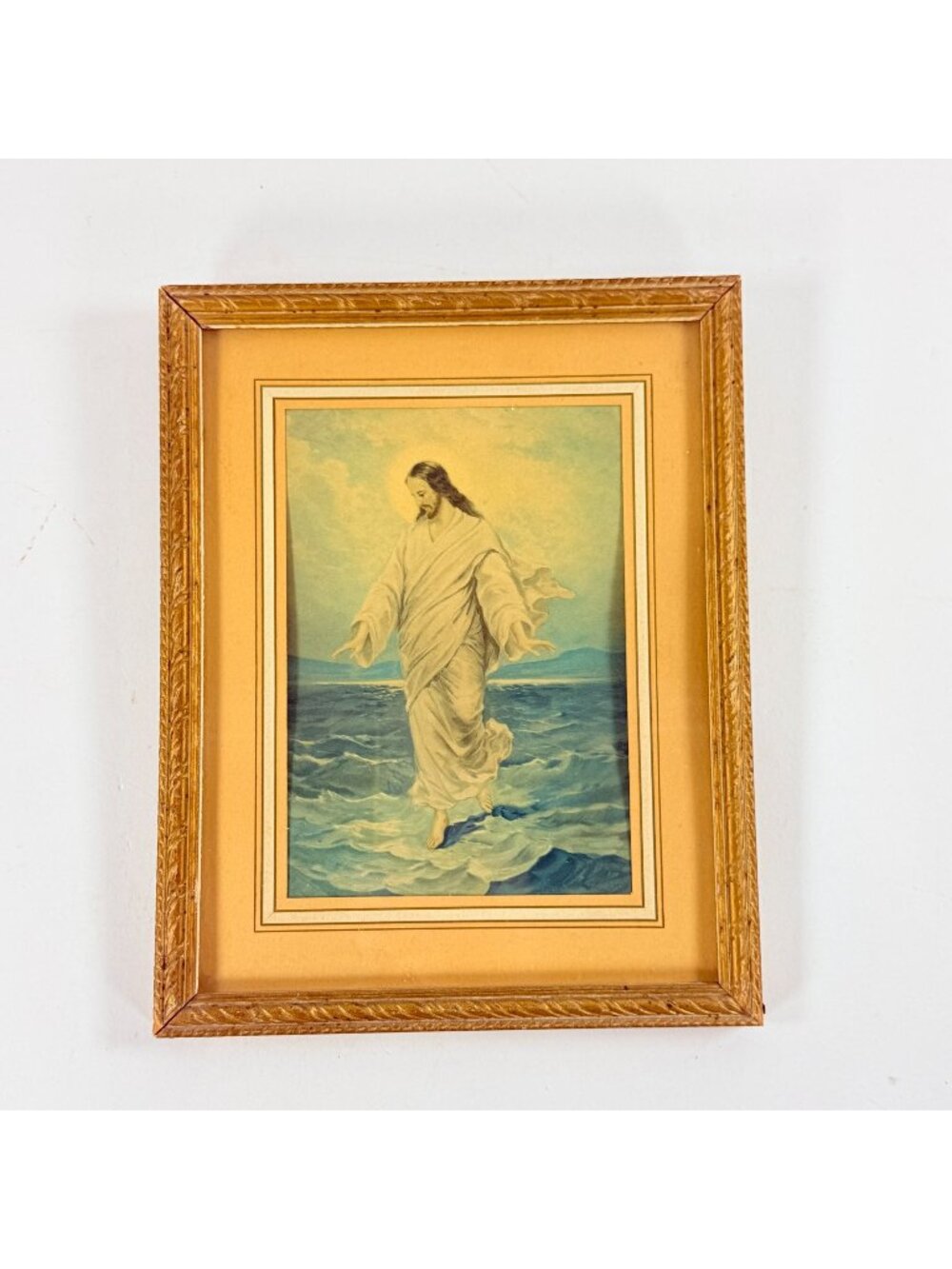 Vintage Jesus Walking On Water Religious Print With Wooden Frame